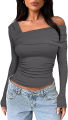 Yfashion Women's Casual Tops One Off Shoulder Long Sleeve Top Ruched Slim Fit Shirt Crop Top Fashion Trendy Tee Shirt. 