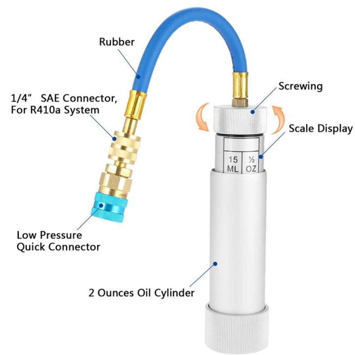 A/C%20Refrigeration%20Oil%20Filling%20and%20Replenishing%20Cylinder%20+%202%20Quick%20Couplers%202%20Oil%20Checkers%20-%20Image%202