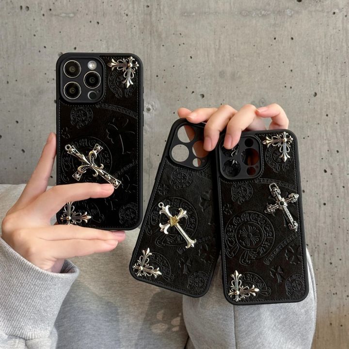 Luxurious Three-dimensional Cross Kroxin PU Leather Printed Grand Phone Case for iPhone 16 15 14 Plus 13Pro Max Protective Cover