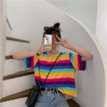 2023Summer New Korean Style Rainbow Striped Loose TopinsOnline Influencer Fashion Girl Short SleeveTT-shirt-. 