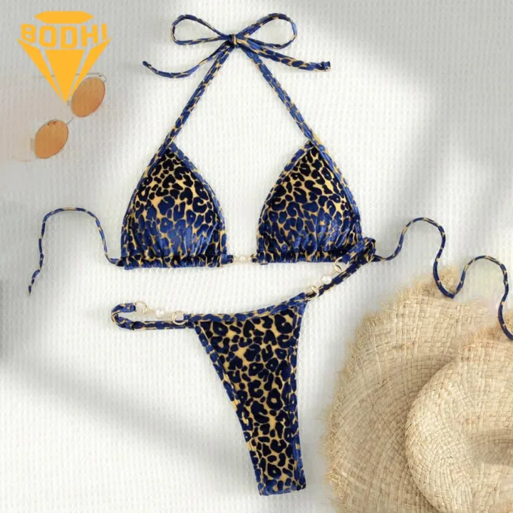Bikini Set with Faux Pearl Decoration Leopard Print Bikini Set with Faux Pearls Halter Bra Briefs for Quick Drying Beachwear 2pcs/set Women's Swimsuit Beach Outfit