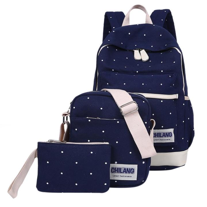 3Pcs Korean Style Polka Dots Decoration Canvas Backpack
