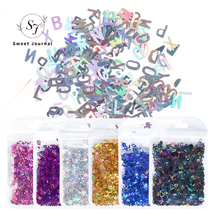 Sweet Journal 10g Holographic Glitter English Alphabet Flakes Laser Letter For Epoxy Resin Mold Filling Junk Journal Nail Art