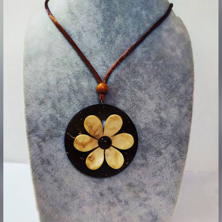 Handmade Coconut Shell Necklace Flower Pendant Jewelry Eco Friendly