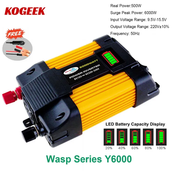 KOGEEK Modified Sine Wave Inverter High Frequency 6000W Peak Power Inverter DC 12V to AC 220V Converter Car Power Charger Inverter with 2.1A Dual USB Port Batte-ry Clips LED Batte-ry Capacity Display
