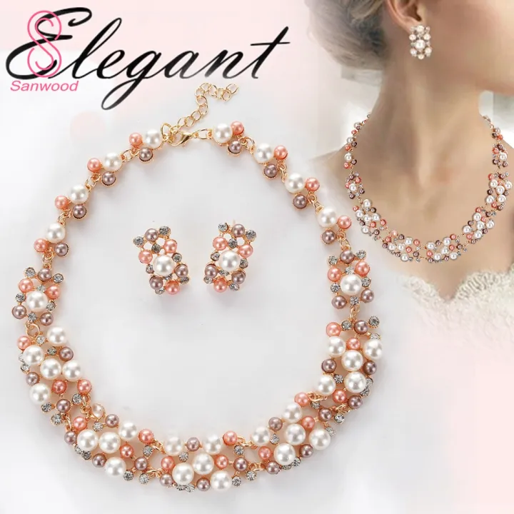 2Pcs%20Women%20Fashion%20Faux%20Pearl%20Rhinestone%20Inlaid%20Necklace%20Earrings%20Jewelry%20Set%20-%20Image%203