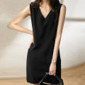 bellylady Women Cotton V Neck Dress Solid Color Loose Waist A-line Skirt Sleeveless Pullover Casual Short Dress. 