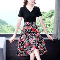 Women Cotton V Neck High Waist Midi Skirt Sweet Floral Printing Dress Summer Short Sleeves Fake Two Piece A-line Skirt. 