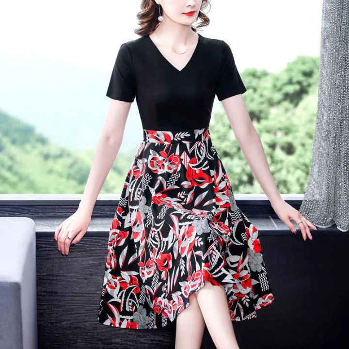 Women%20Cotton%20V%20Neck%20High%20Waist%20Midi%20Skirt%20Sweet%20Floral%20Printing%20Dress%20Summer%20Short%20Sleeves%20Fake%20Two%20Piece%20A-line%20Skirt%20-%20Image%209