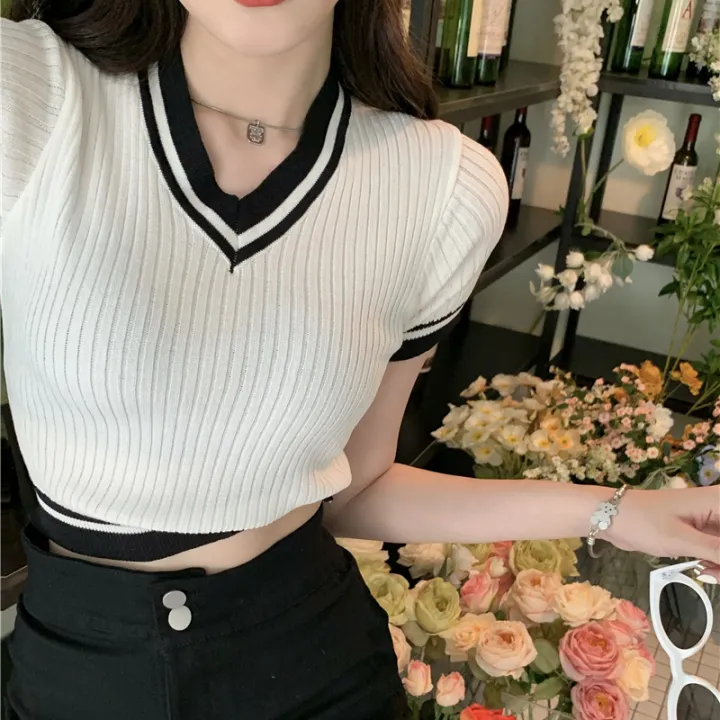 bellylady%20Women%20Cotton%20Cropped%20T%20Shirt%20Retro%20Knitted%20V-neck%20Pullover%20Tops%20Short-sleeved%20High-waisted%20Slim%20Fit%20Shirt%20-%20Image%205