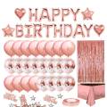 Rose Gold Party Decor with Happy Birthday Banner, Heart Star Confetti. 