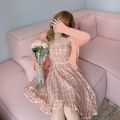 New Spring and Summer Sweet Pink Plaid Strap Dress for Women Summer Fresh Student Dress Korean Style Girl. 