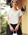 Women’s White Polka Dot Short Sleeve Blouse – V-Neck Button Down Top. 