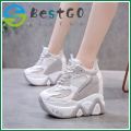 【BestGO】Girl 12.5cm/4.9 Height Chunky Sneakers Thick Bottom High Heels Breathable Mesh Wedge Shoes Woman Fashion Women ShoesDaddy shoes new all-match color matching thick-soled platform white shoes. 