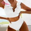 Muses Mall Lace-up Back Swimwear Set Stylish 2pcs Women's Bikini Set with Ruffle Stitching High Waist Swimming Trunks Quick Dry Swimsuit for Summer Beachwear Women High-waisted Bikini Set. 