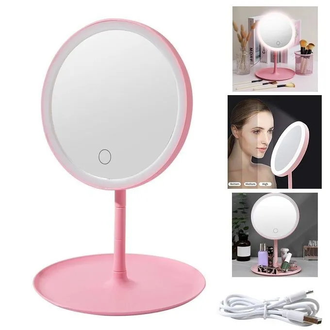 Desk Makeup Mirror with LED Light Lamp and Storage Tray, Dressing Table Rotatable Cosmetic Standing Mirror Light, Adjustable Touch Screen Direct USB Plug in Vanity Mirror