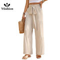 Yfashion Women Casual Wide-leg Pants High Waist Loose Straight Trousers Simple Elegant Solid Color Lace-up Pants. 
