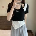New Irregular T-shirt For Women's Summer Contrast Top Fashion Style Slim Fit Slimming Tee Trend. 