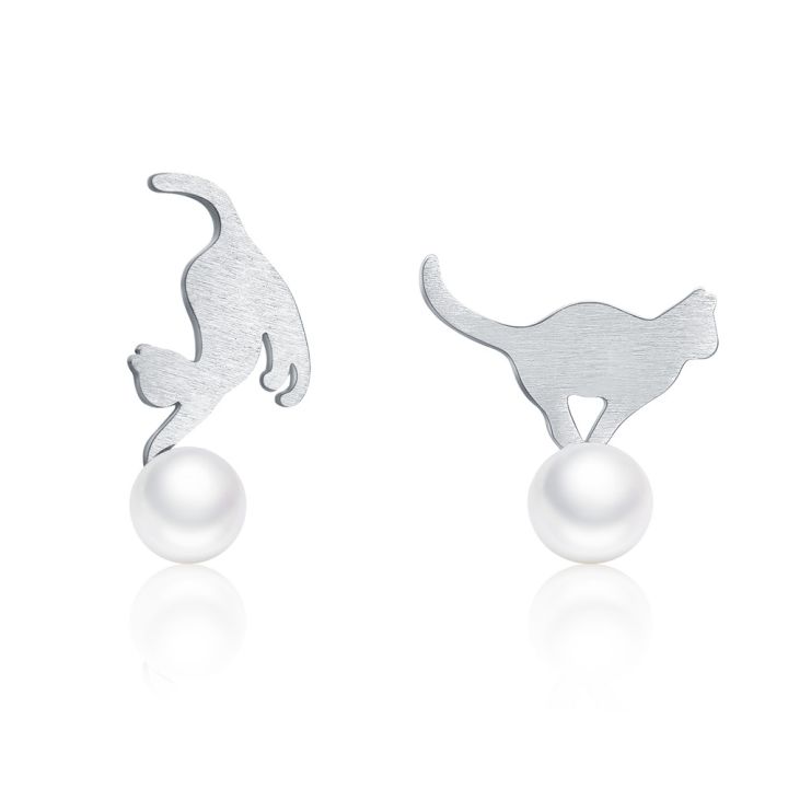 【Qian poem li Store】BISAER Cat 925 Sterling Silver Animal Little Cat Stud Earrings Pussy Brincos Wo Korean Earrings Jewelry