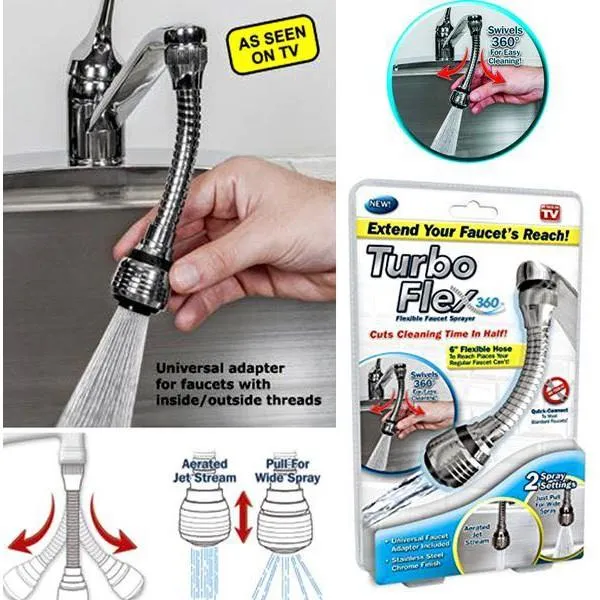 Turbo Flex 360 Flexible Faucet Sprayer Water Extender; 6.5 x 1.5"x 1.5"; Silver"