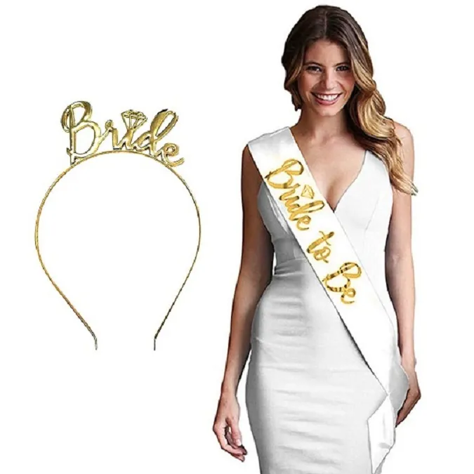 Bride Crown Bride to Be Sash White Gold Headpiece for