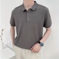Nine Summer New Korean Style Knitted Short Sleeve polo Shirt Men's Korean-Style Trendy Solid Color Striped Lapel T T Shirt All-Matching. 