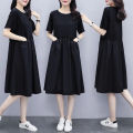 Yfashion Women Cotton Short Sleeves Dress Simple Elegant Solid Color Round Neck A-line Skirt Loose Casual Dress With Pockets. 