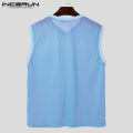 Solid color breathable summer mesh vest men's INCERUN transparent V-neck sleeveless vest beachwear. 