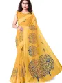 Women's Cotton Blend Satin Woven Border Designer Madhubani Printed Saree with Blouse Piece (Mustard). 