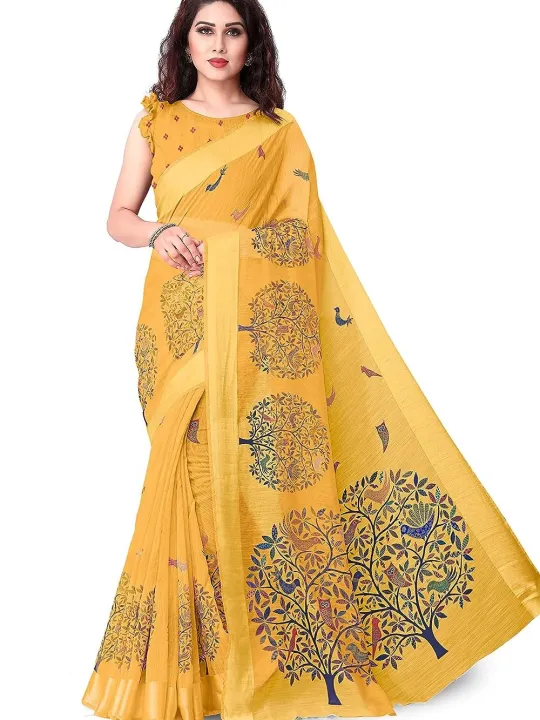 Women's Cotton Blend Satin Woven Border Designer Madhubani Printed Saree with Blouse Piece (Mustard)