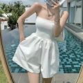 Summer New Culottes White Jumpsuit Tube Top Jumpsuit Women's High Waist Slimming Loose-Fitting Wide-Leg Short Jumpsuit. 