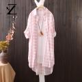 Zentora Three-quarter Sleeve Shirt Korean Style Plaid Print Long Shirt for Women Stylish Three Quarter Sleeve Top with Irregular Hem Sunscreen Protection Loose Fit Single-breasted Lapel Design Trendy Fashion. 