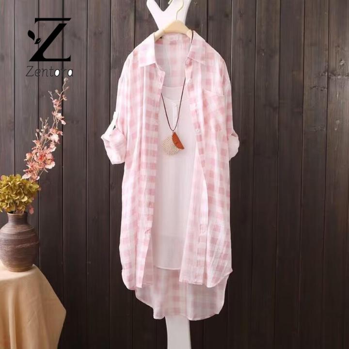 Zentora%20Three-quarter%20Sleeve%20Shirt%20Korean%20Style%20Plaid%20Print%20Long%20Shirt%20for%20Women%20Stylish%20Three%20Quarter%20Sleeve%20Top%20with%20Irregular%20Hem%20Sunscreen%20Protection%20Loose%20Fit%20Single-breasted%20Lapel%20Design%20Trendy%20Fashion%20-%20Image%204