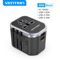 Vention 20W Global Travel Charger Plug AC + USB 2 in 1 Fast Charging Power Wall Charger Type-C and Dual USB A Port 8 in 1 Adapter for iPhone 16 15 Laptop PD Charger Quick Charge Universal Socket. 