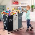 Laundry Basket 3 Section,Foldable Dirty Laundry Hamper, Laundry Room Organization,Clothes Baskets With Side Pocket,Laundry Sorter（Black and white gray）. 