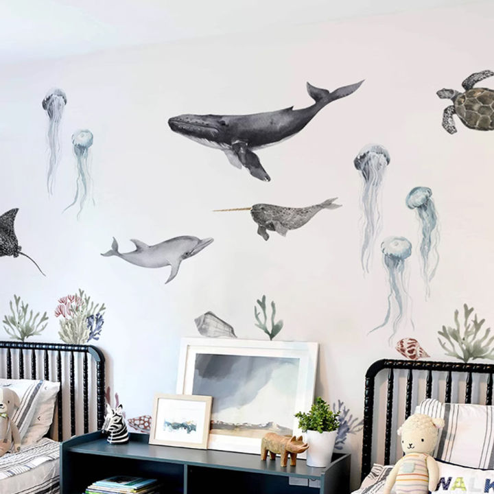 Kids Rooms Decoration Underwater World Theme Whale Dolphin Shell Sea Animals DIY Composable Decal Self Adhesive Wall Stickers