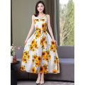 Summer Noil Poplin Dress Large Size Loose Floral Mid-Length Sleeveless Suspender Skirt Outer Wear Bottoming Vest Long Skirt for Women. 