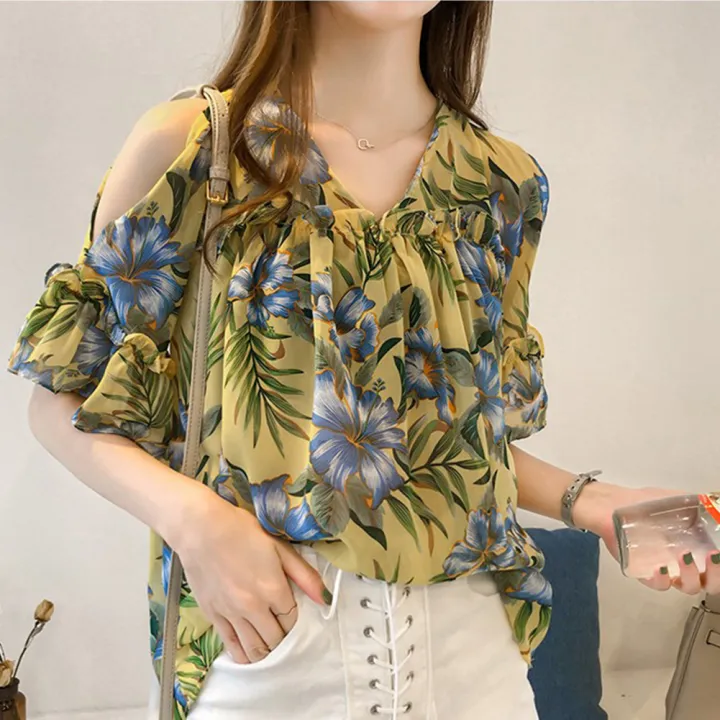 Women%20Printed%20Off%20Shoulder%20V-Neck%20ffon%20Loose%20Blouse%20Vintage%20Sweet%20Pagoda%20Sleeve%20ops%20-%20Image%204