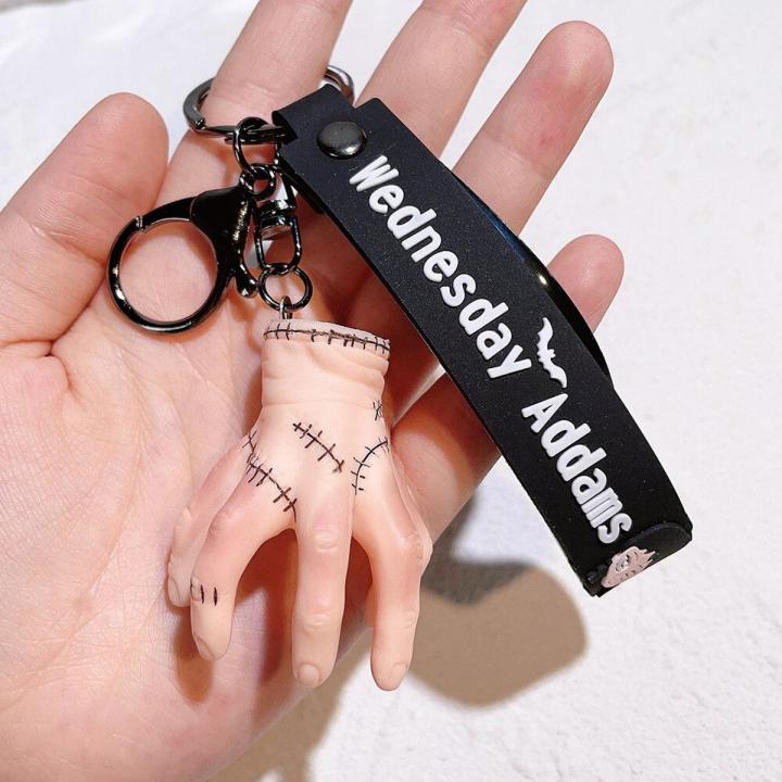 【HOT】 Horror Wednesday Addams Silicone Keychain Toy Thing Hand Home Decor Keychain Doll Schoolbag Pendant Halloween Toy Costume Props