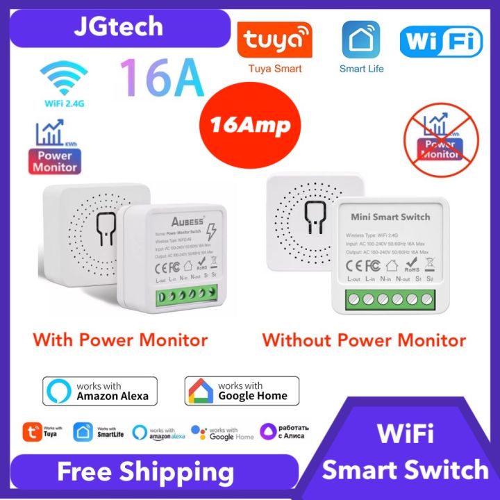 Smart WiFi Switch 16A mini Works with Smart Life/Tuya APP Alexa Google Home/Siri Support 3 methods of control, With power meter & without power meter