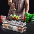 Acrylic Seasoning Box Set, 4 Piece Clear Seasoning Rack Spice Pots, Premium Quality Storage Container Condiment Jars for Spice Salt Sugar Cruet Kitchen Organization Containers with Cover and Spoon. 