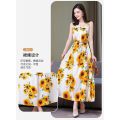Summer Noil Poplin Dress Large Size Loose Floral Mid-Length Sleeveless Suspender Skirt Outer Wear Bottoming Vest Long Skirt for Women. 