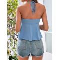 KOKKO Women's Sleeveless Crop Top Halter Neck Tie Back Ruched Bustier Double Layered Hem Tank Top Streetwear. 