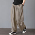 Yfashion Women Cotton Loose Wide-leg Pants Casual Cotton Linen Simple Solid Color Trousers Mid-waist Large Size Thin Pants. 