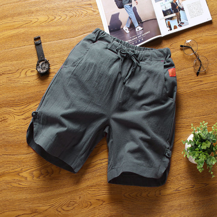 Yfashion Men Cotton Shorts Solid Color Cotton Blended Casual