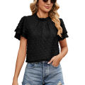 Yfashion Women Short Sleeves T-shirt Elegant Double-layer Jacquard Crew Neck Blouse Simple Solid Color Chiffon Tops. 