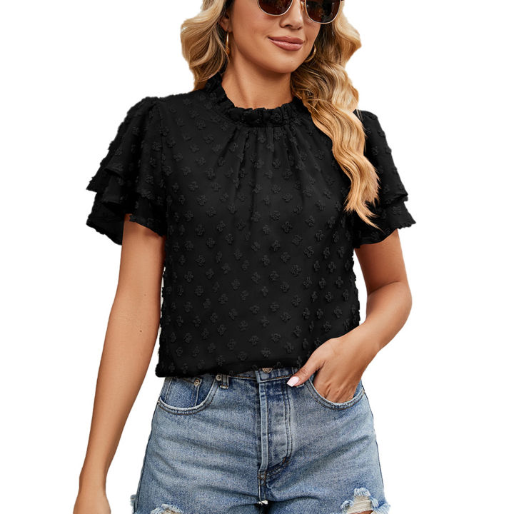 Yfashion%20Women%20Short%20Sleeves%20T-shirt%20Elegant%20Double-layer%20Jacquard%20Crew%20Neck%20Blouse%20Simple%20Solid%20Color%20Chiffon%20Tops%20-%20Image%207