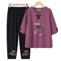 100% Cotton Middle-Aged and Elderly Women's Dress Fashion National Style Embroidery Suit Female Summer Half Sleeve Top Two-Piece Pants. 