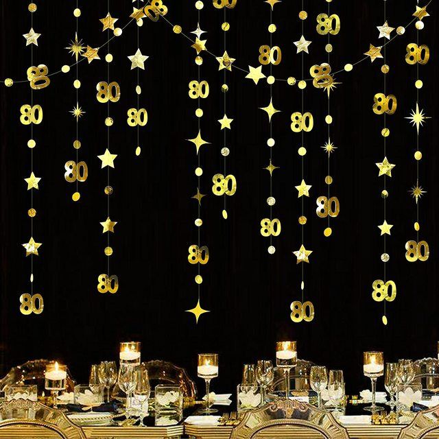 【Petalfall】Gold 80th Happy Birthday Banners Decorations Circle Star Garland Paper Hanging 80 Year Old Birthday Party Supplies