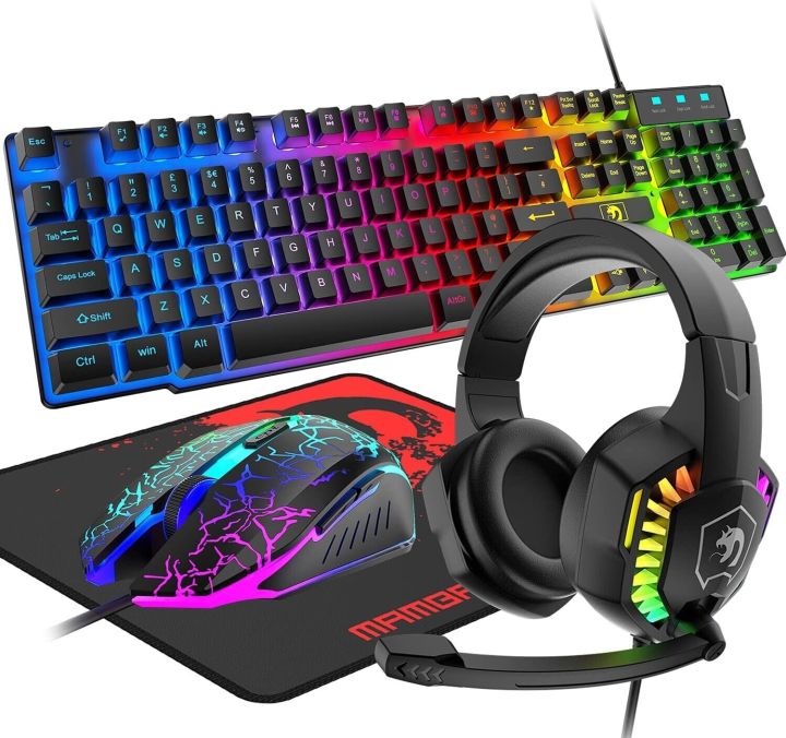 Wired Gaming Rainbow Backlit Keyboard Mouse Headset Mouse Pad Combo for PC,Laptop